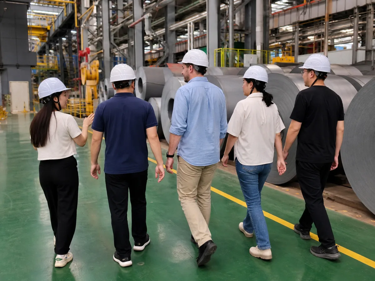 International customer touring the steel coil factory with the RLB Steel team