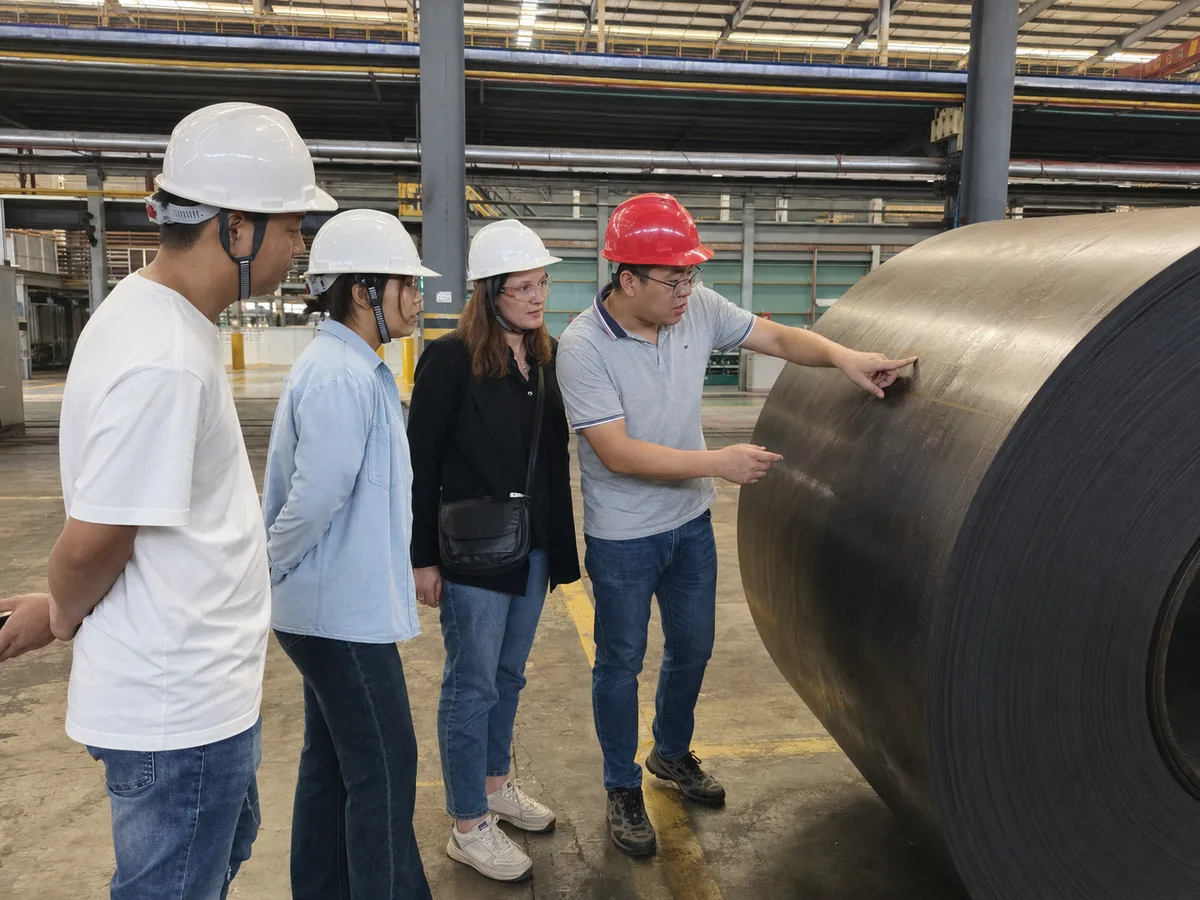 Customer inspecting a hot rolled steel coil with Chinese engineers