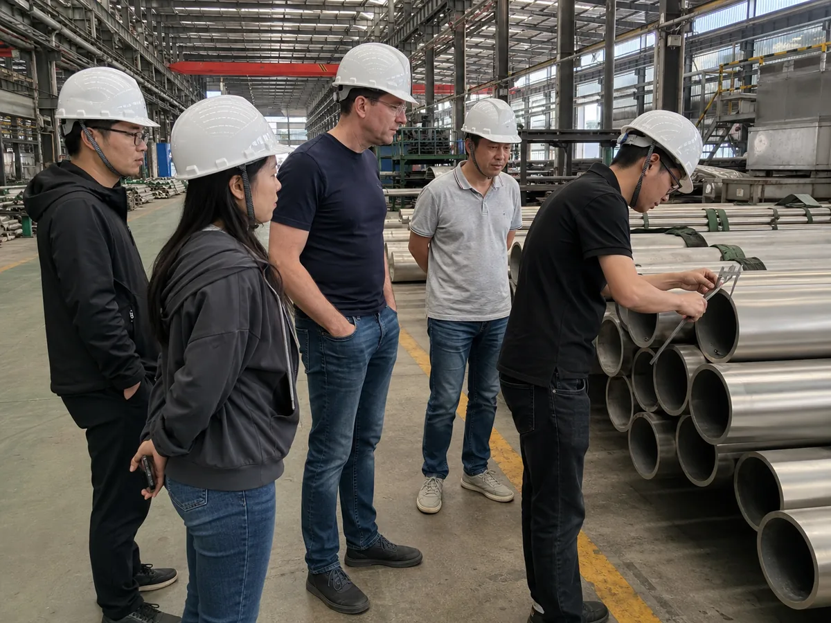 Customer checking stainless steel pipes with Chinese staff