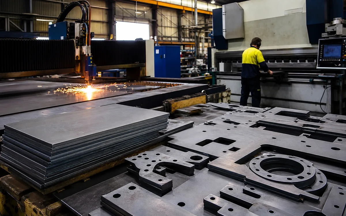 Precision carbon steel sheets being processed in an Australian fabrication workshop