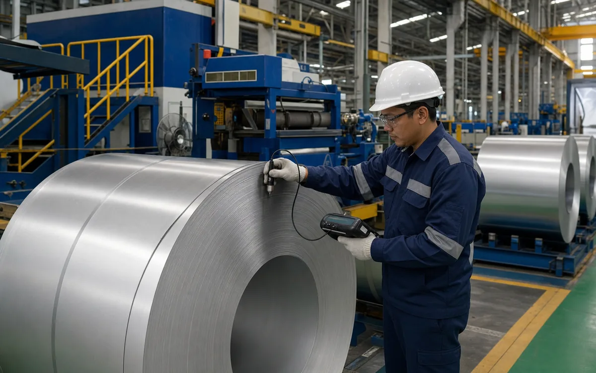 Technician inspecting a stainless steel coil for an Indonesian processing line
