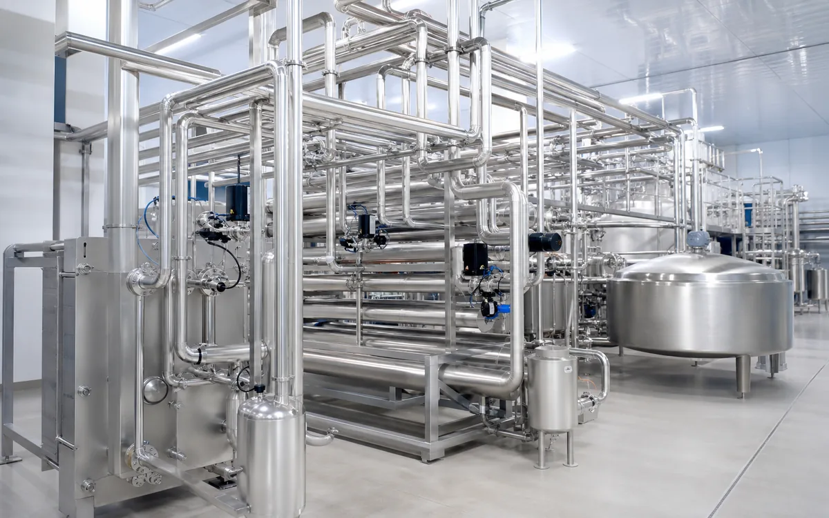 Sanitary stainless steel piping installed in a Malaysian food processing plant