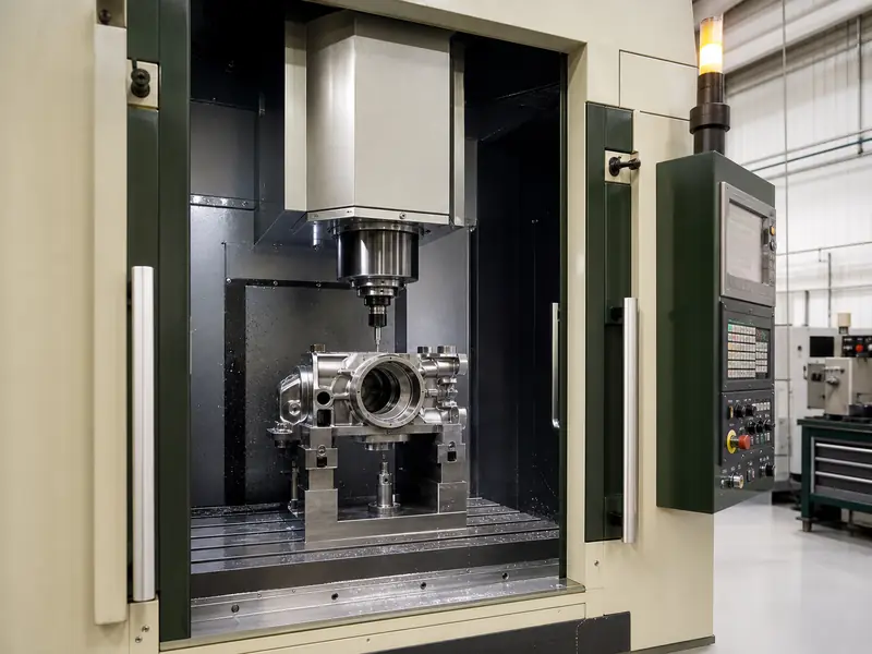 CNC machining center milling a precision steel component