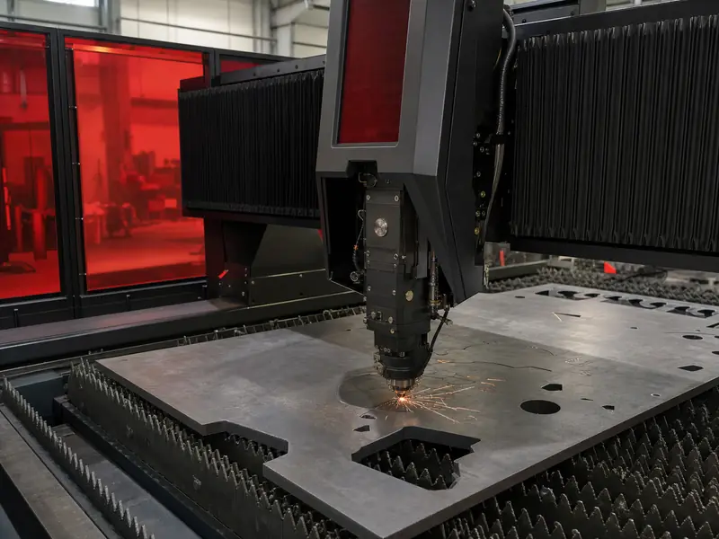Fiber laser cutting machine processing a thick steel plate