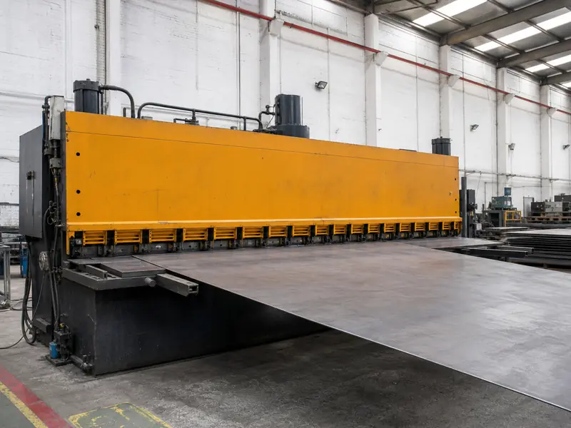 Heavy-duty guillotine shearing machine cutting a large steel plate