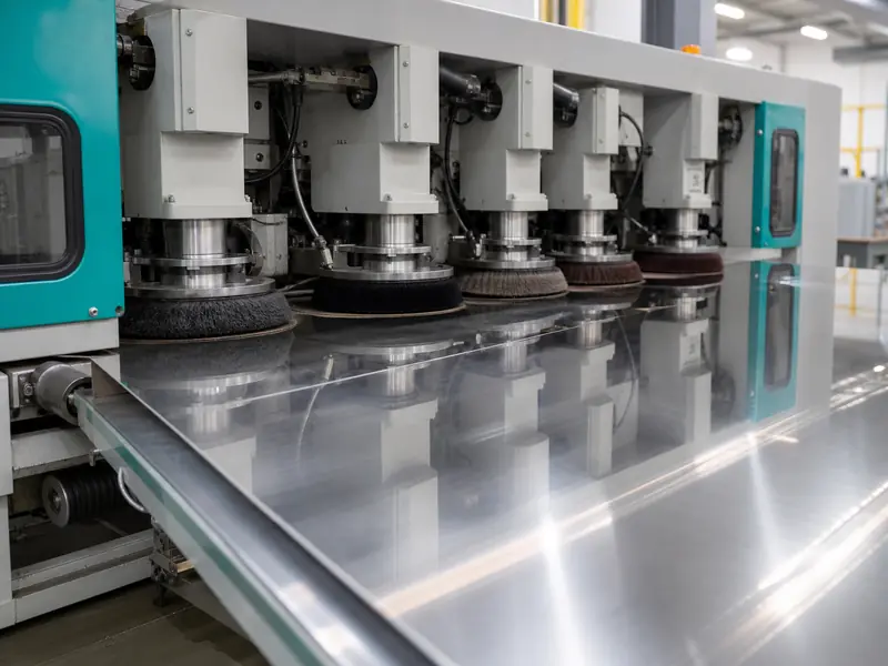 Stainless steel sheet polishing line producing a reflective surface finish