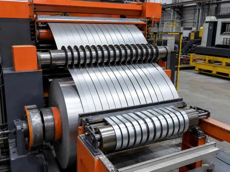 Steel coil slitting line cutting wide strip into precision narrow bands