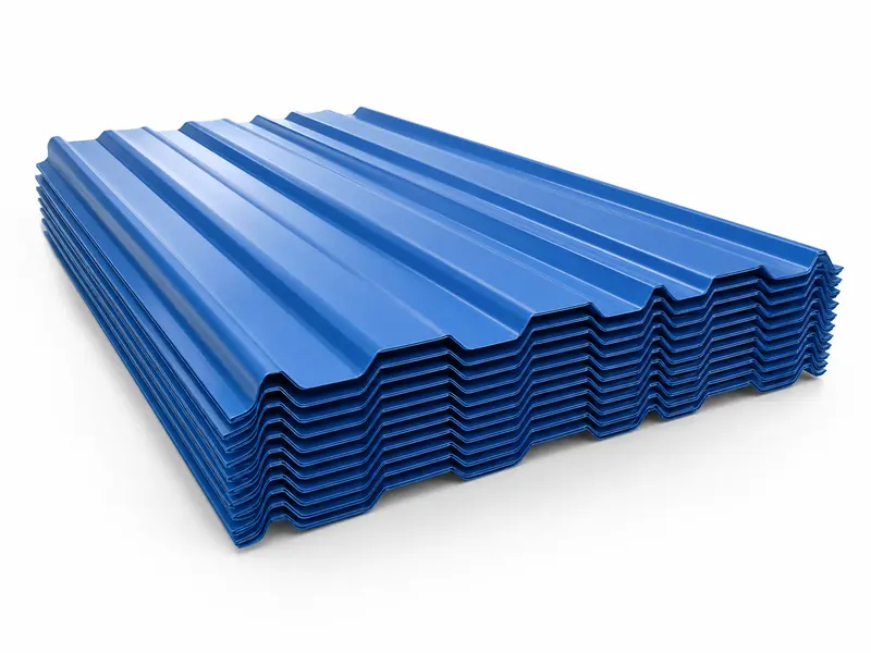 Stack of blue color-coated corrugated steel roofing sheets on a white background