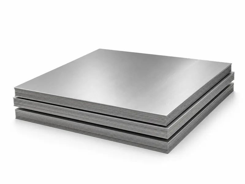Stack of brushed stainless steel sheets on a white background