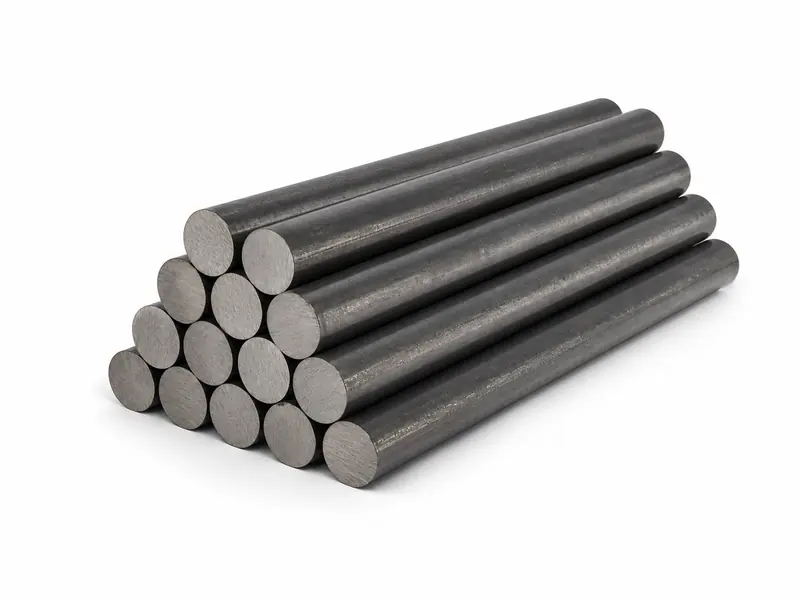 Bundle of solid carbon steel round bars on a white background