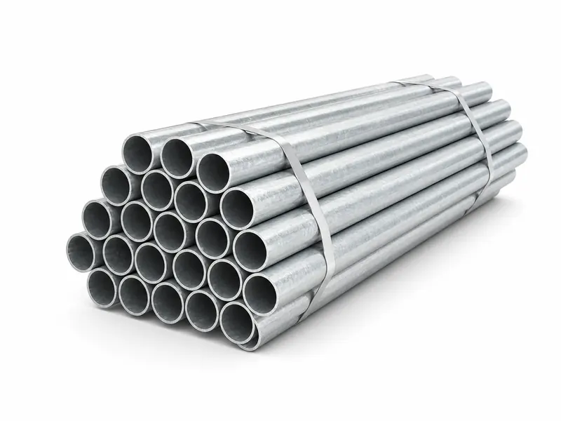 Bundle of hot-dip galvanized round steel pipes on a white background