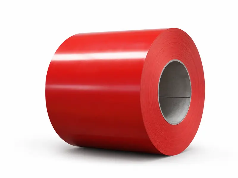 Red PPGI color-coated galvanized steel coil on a white background