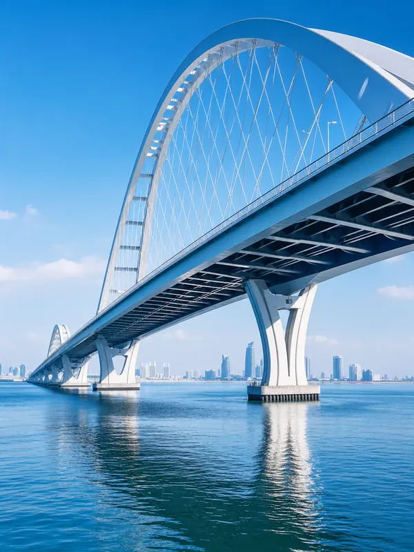 Large bridge engineering project featuring structural steel arches and supports