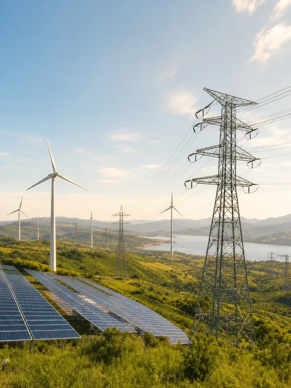 Renewable energy industry with steel wind turbines, solar panels and power transmission towers