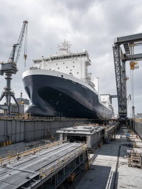 Shipbuilding and offshore engineering with a steel vessel in a modern shipyard