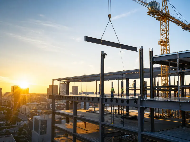 Structural steel frame construction for a modern commercial building