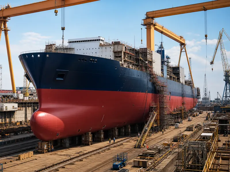 Large commercial ship under construction with marine grade steel