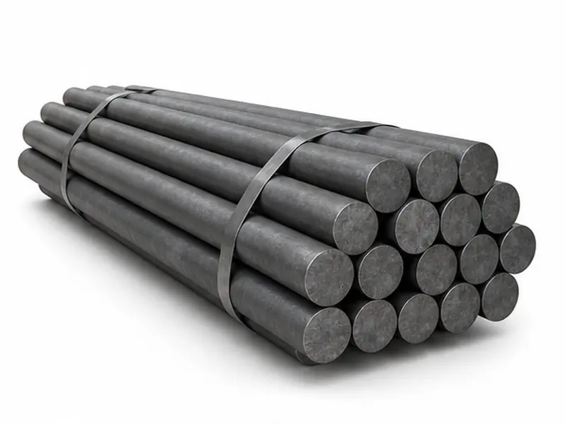 Solid carbon steel round bars on white background