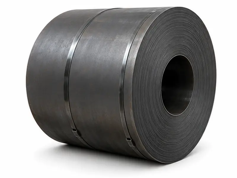 Hot rolled carbon steel coil on white background