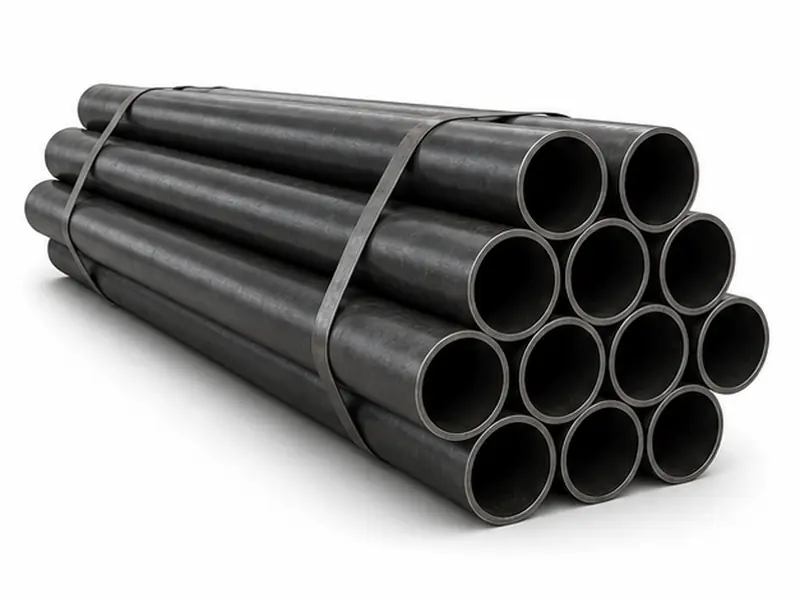 Black carbon steel pipes on white background
