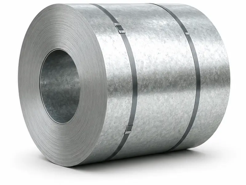 Hot-dip galvanized steel coil with zinc spangle on white background