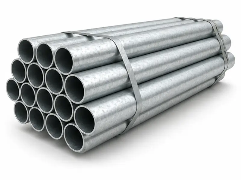 Hot-dip galvanized steel pipes on white background