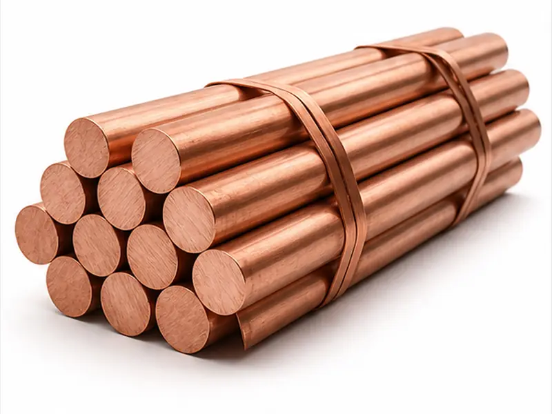 Solid red copper round bars on white background