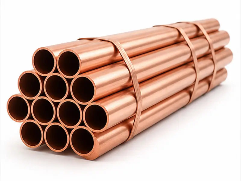 Red copper pipes and tubes on white background