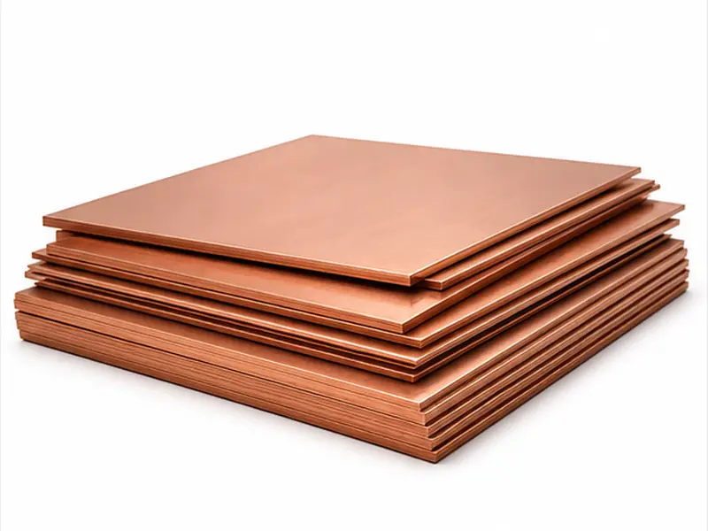 Red copper sheets and plates on white background