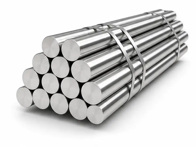 Polished stainless steel round bars on white background