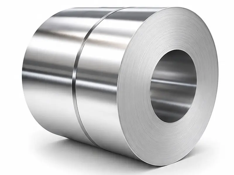 Polished stainless steel coil on white background