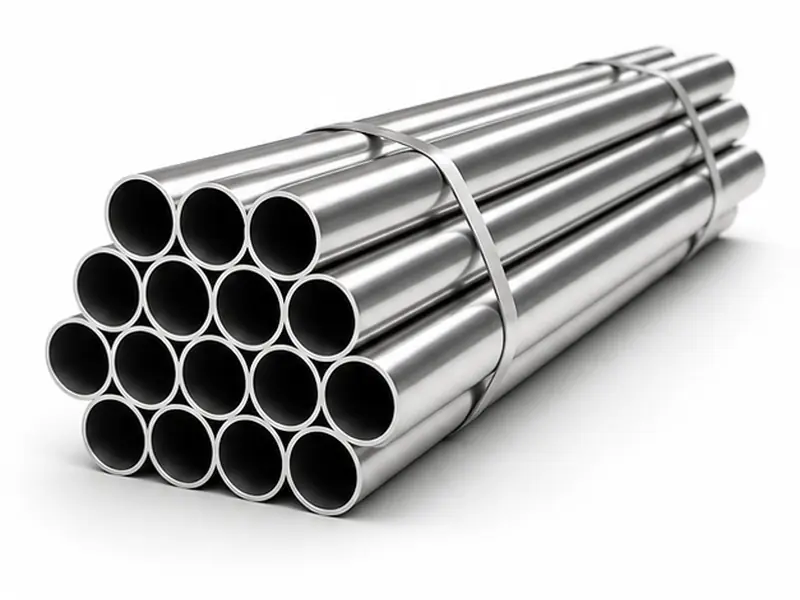 Polished stainless steel pipes on white background