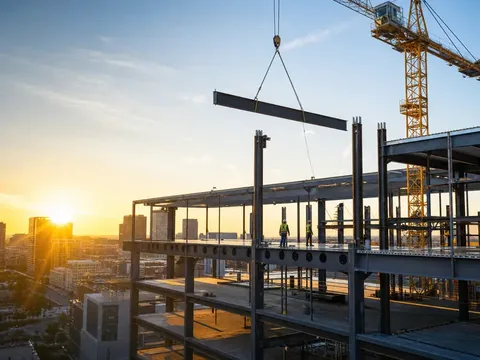 Structural steel frame construction for a modern commercial building