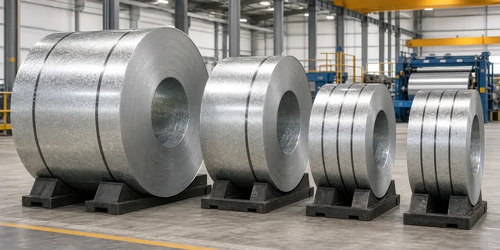 Hot Dip Galvanized Steel Coil product display — galvanized steel coils in multiple widths and diameters at a steel service center