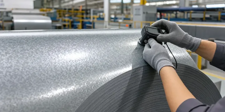 Hot Dip Galvanized Steel Coil product display — galvanized steel coil surface inspection using a coating thickness gauge