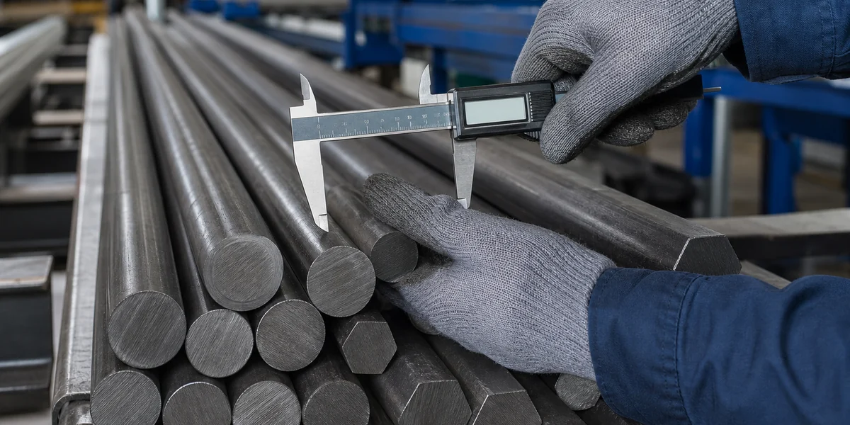 Q235 Carbon Steel Bar product display - carbon steel bars undergoing dimensional inspection with a digital caliper