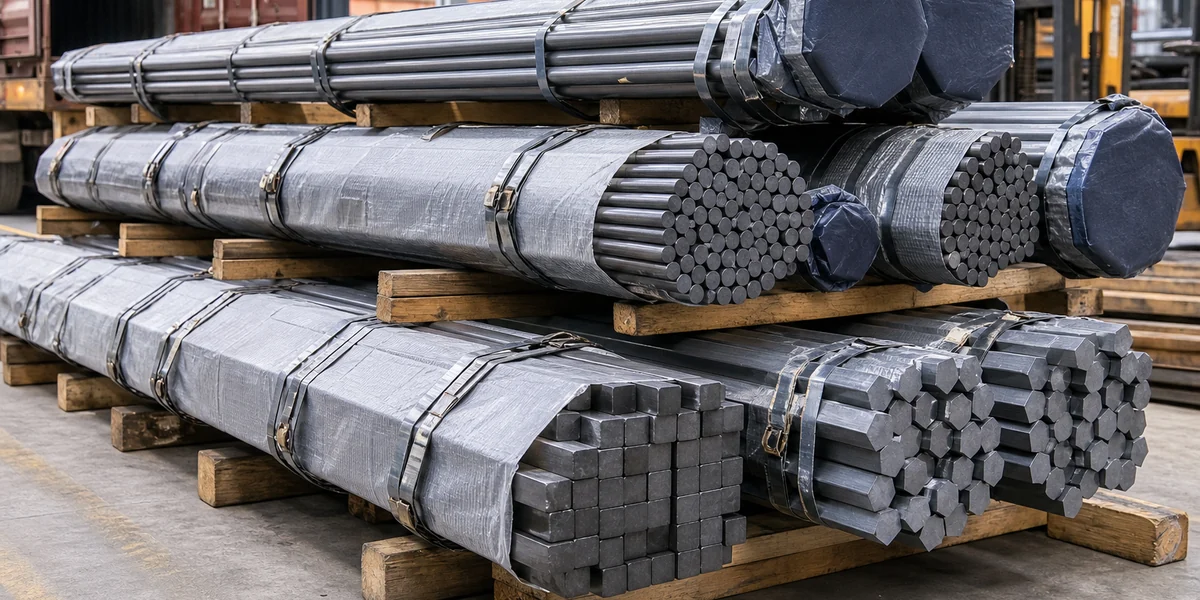 ASTM A36 Carbon Steel Bar product display - export-ready carbon steel bar bundles secured on timber supports