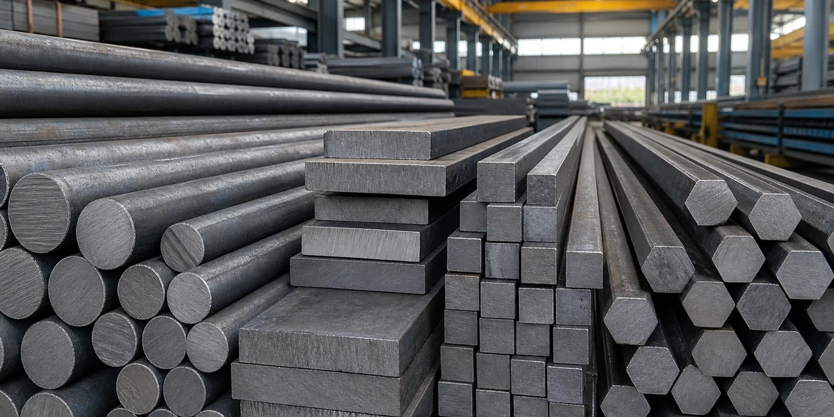 Q235 Carbon Steel Bar product display - carbon steel round, flat, square and hexagonal bars in a modern warehouse