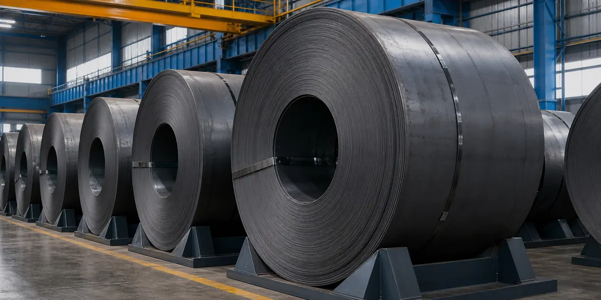 Hot-rolled carbon steel coils stored on warehouse saddles