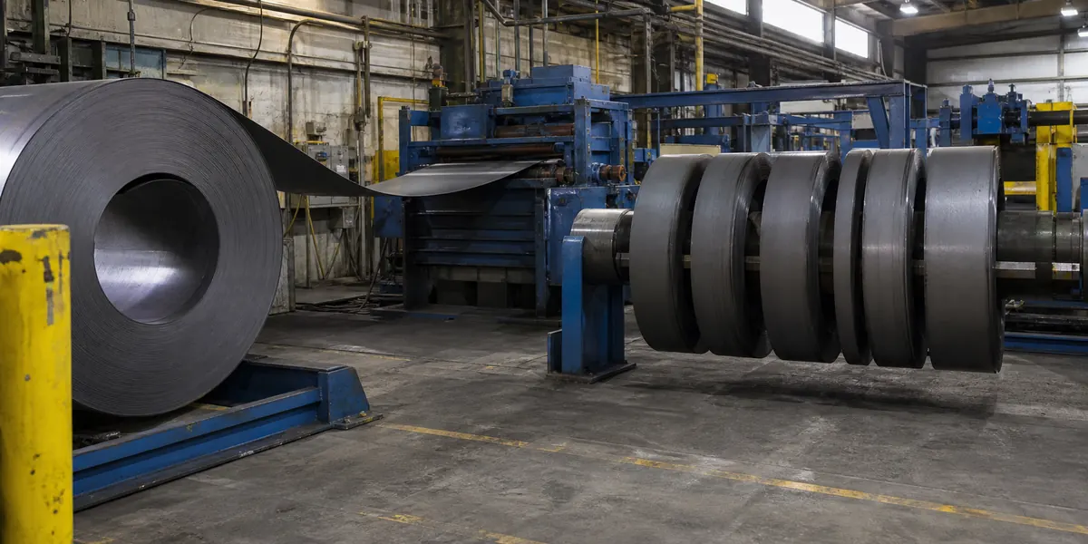 Carbon steel coil slitting line producing multiple strip widths
