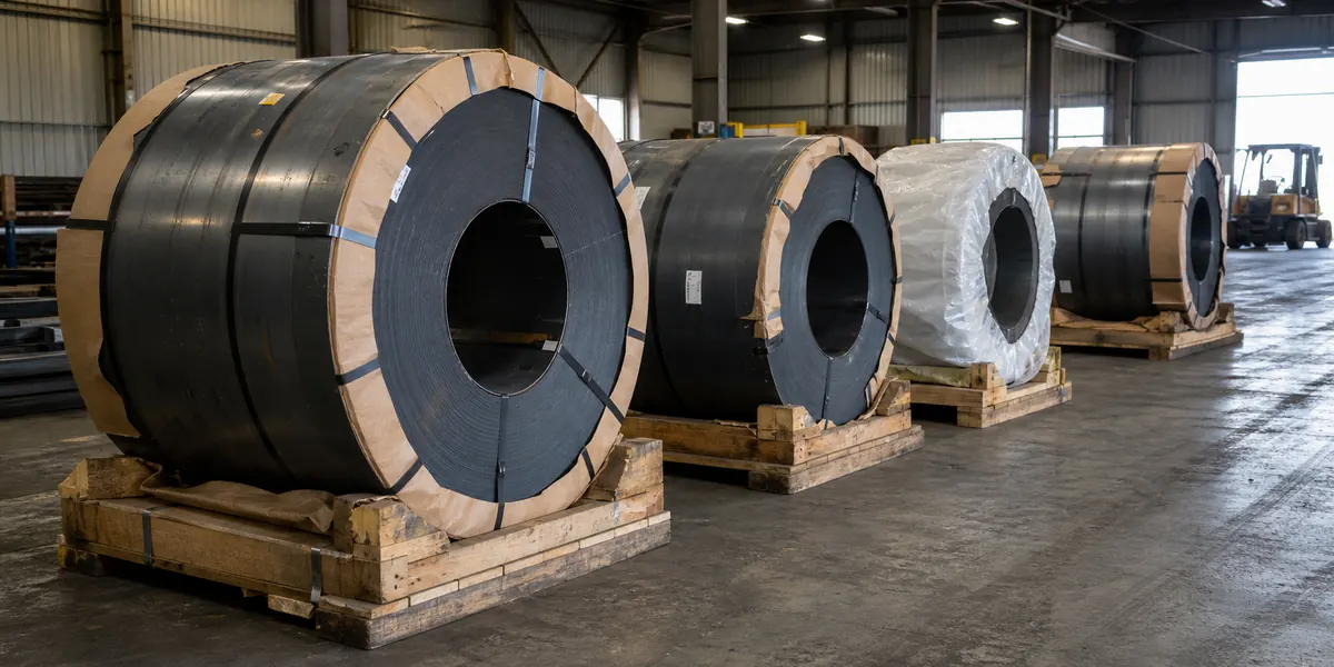 Carbon steel coils secured on timber cradles for export