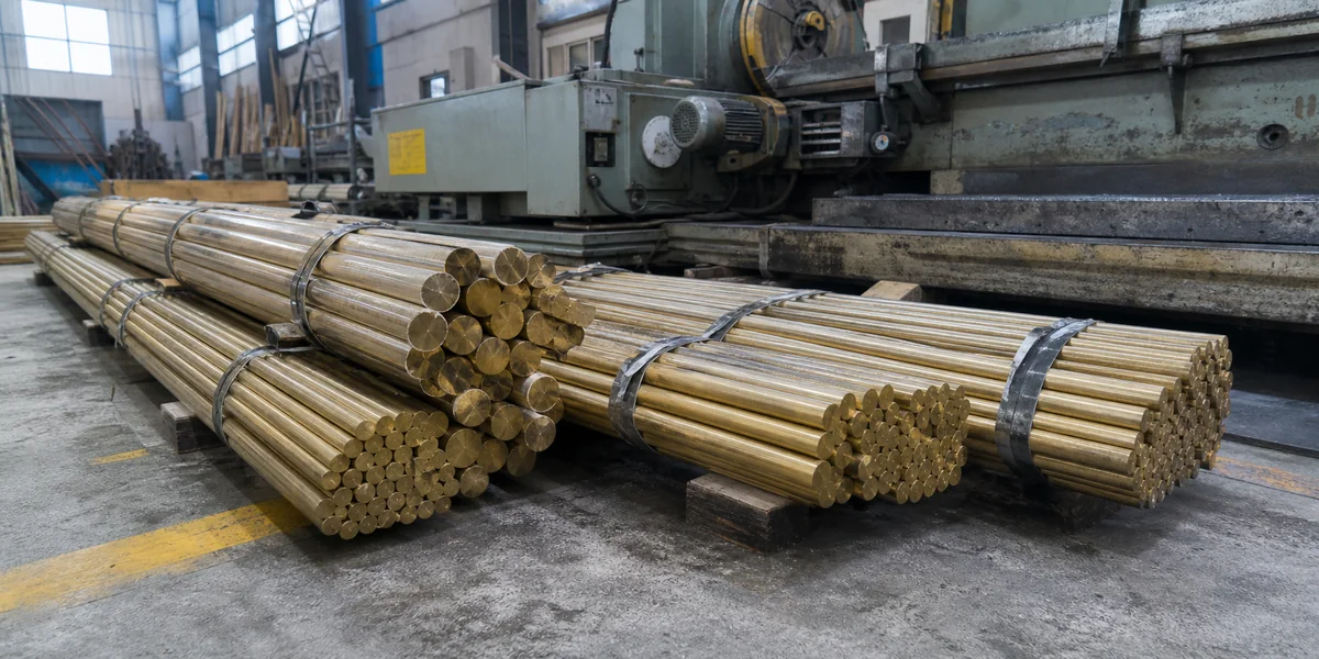 Bundled yellow brass rods resting on wooden spacers beside workshop machinery