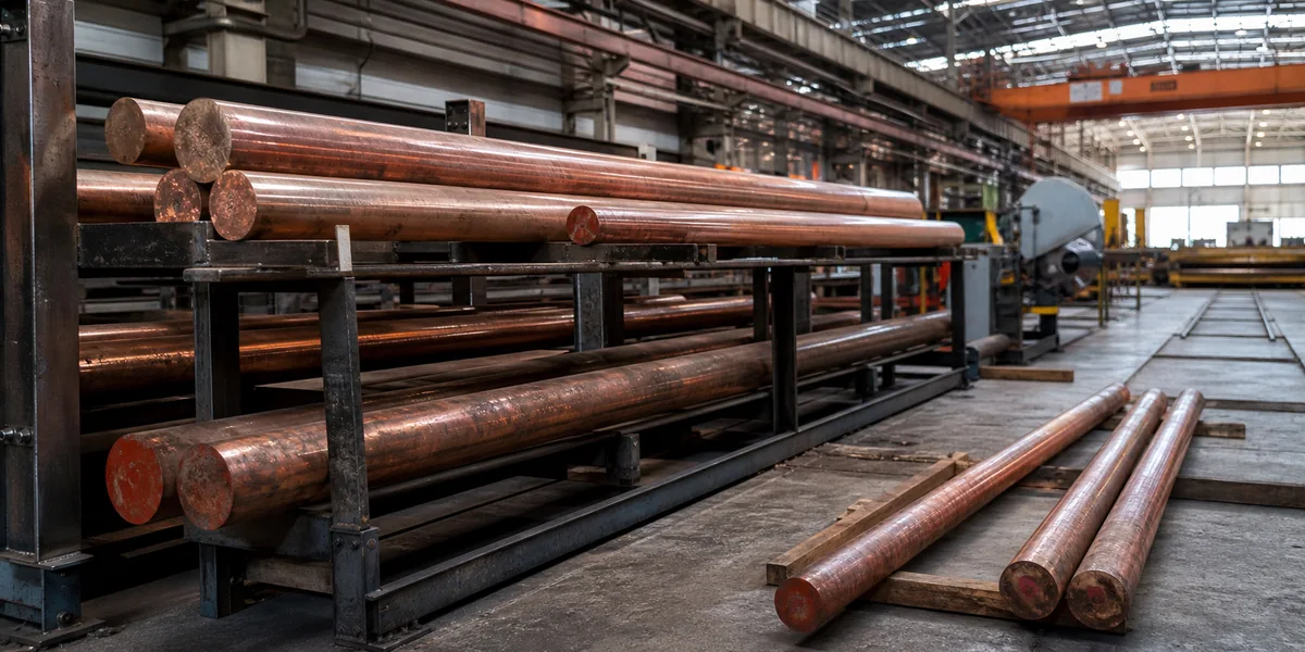 Large reddish copper rods stored in steel racks inside a production workshop