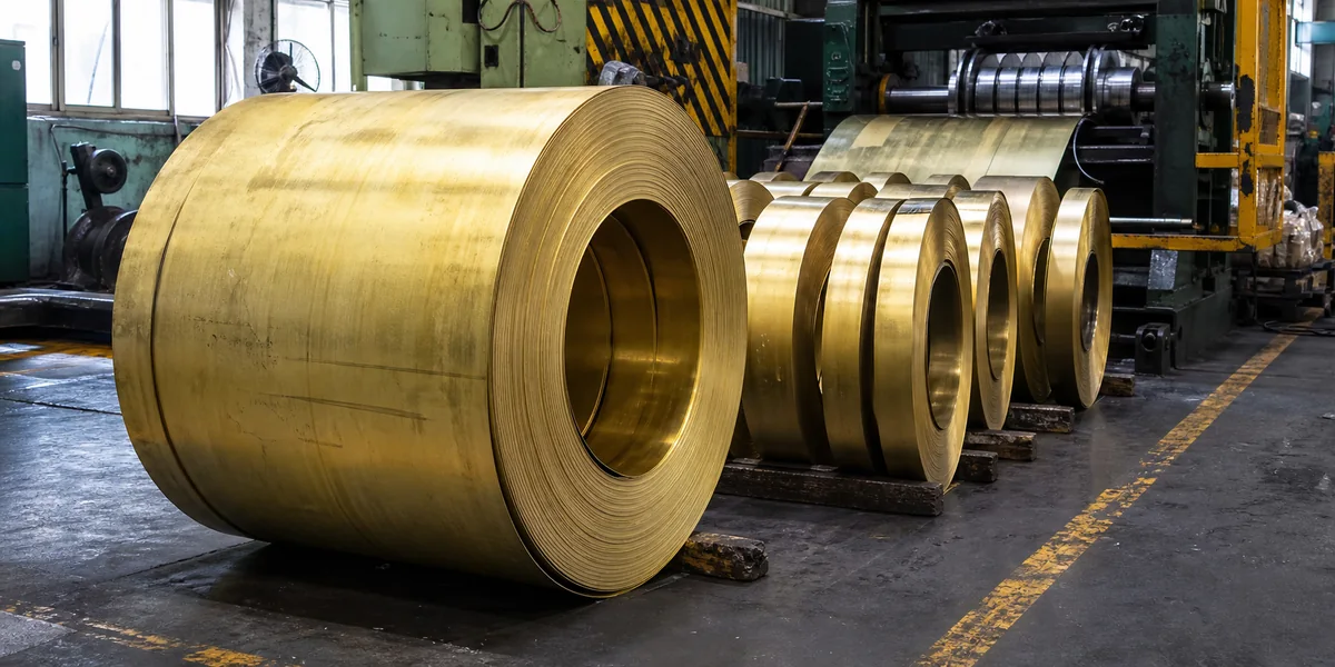 Yellow brass master and slit coils beside a slitting line in a workshop