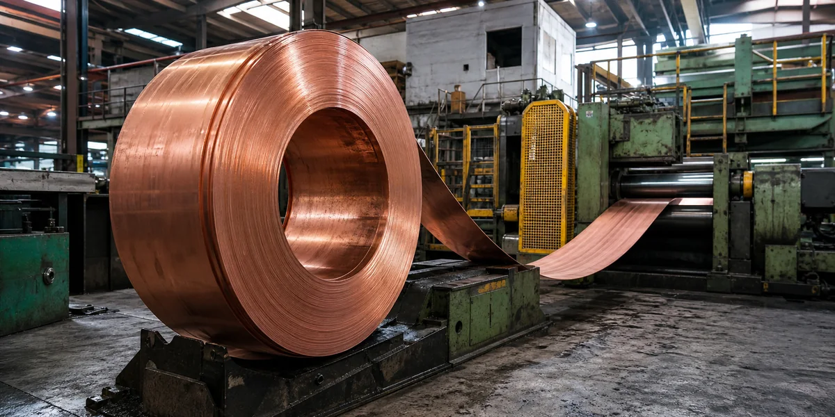 Reddish copper strip coil feeding into rollers inside a working mill