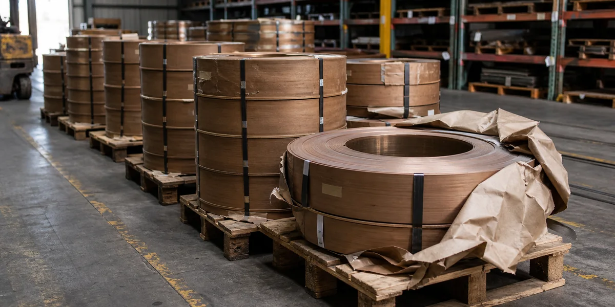 Bronze strip coils strapped on wooden pallets in a warehouse aisle