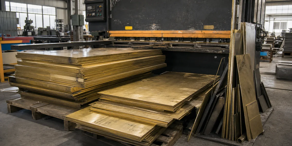 Yellow brass sheets and offcuts beside a guillotine shear in a fabrication workshop