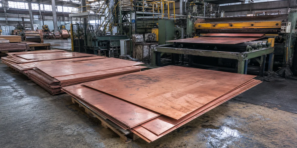 Reddish copper sheets stacked beside a rolling and leveling line in a factory