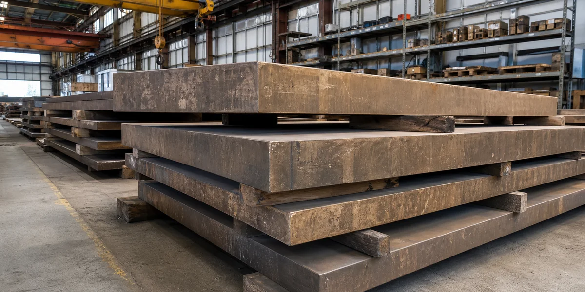 Heavy bronze plates stored horizontally on timber sleepers in a warehouse aisle