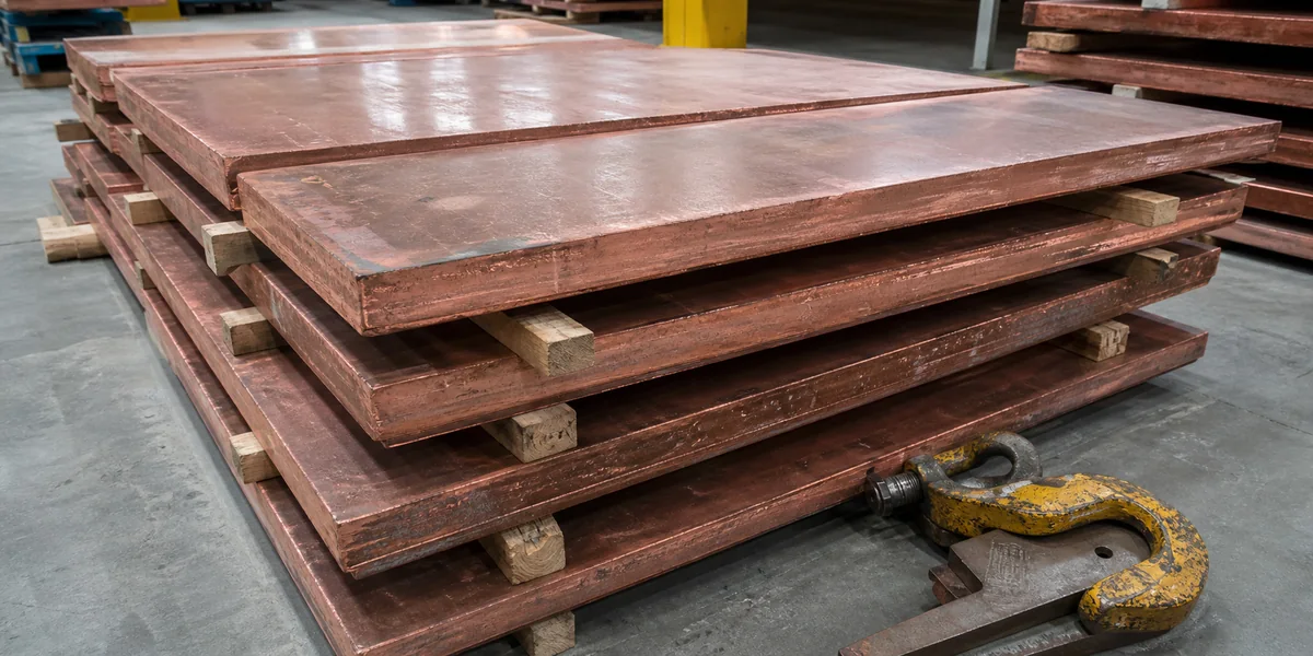 Thick reddish copper plates stacked with timber separators on a warehouse floor